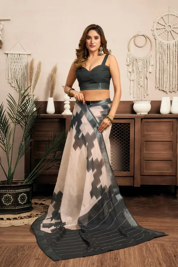 Beige_&_Charcoal_Premium_Cotton_Linen_Printed_1-Minute_Saree_With_Blouse_For_Women