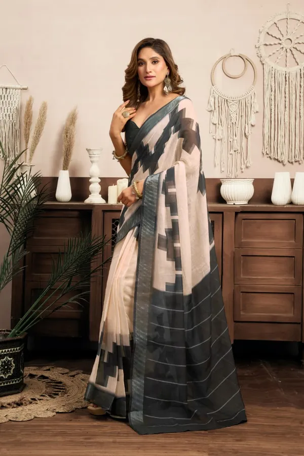 Beige_&_Charcoal_Premium_Cotton_Linen_Printed_1-Minute_Saree_With_Blouse_For_Women