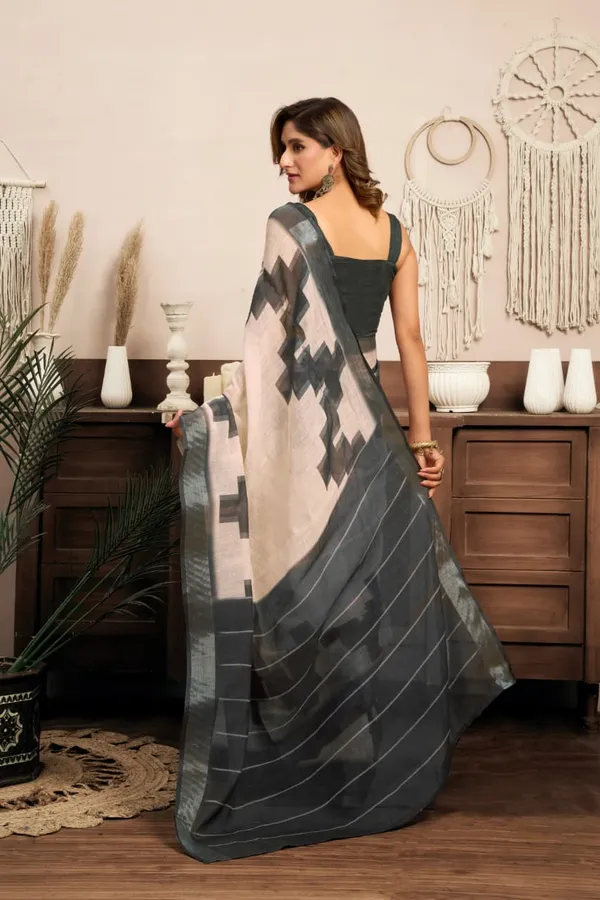 Beige_&_Charcoal_Premium_Cotton_Linen_Printed_1-Minute_Saree_With_Blouse_For_Women