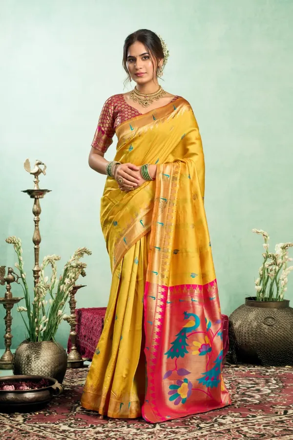 Golden_Yellow_Paithani_Silk_Saree_With_Grand_Contrast_Pallu_And_Intricate_Peacock_Zari_Motifs_For_Women