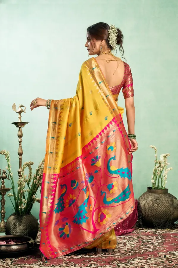 Golden_Yellow_Paithani_Silk_Saree_With_Grand_Contrast_Pallu_And_Intricate_Peacock_Zari_Motifs_For_Women