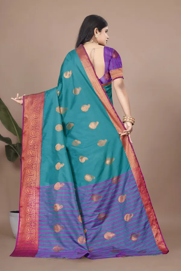 Sky_Rama_Kanjivaram_Jacquard_Cotton_Silk_Saree_With_Wide_Banarasi_Zari_Border_For_Women