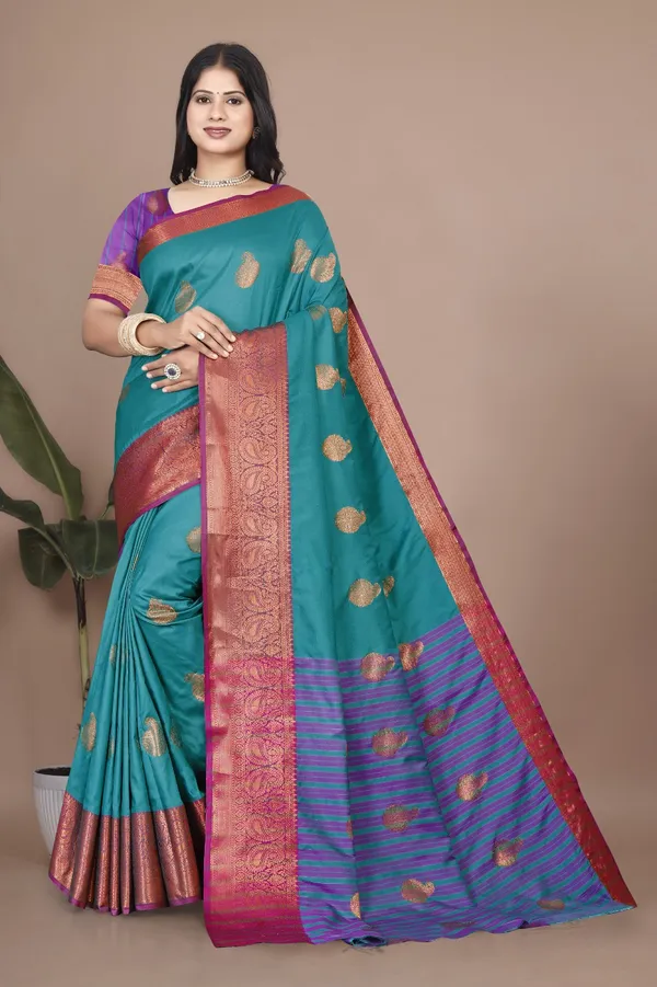 Sky_Rama_Kanjivaram_Jacquard_Cotton_Silk_Saree_With_Wide_Banarasi_Zari_Border_For_Women