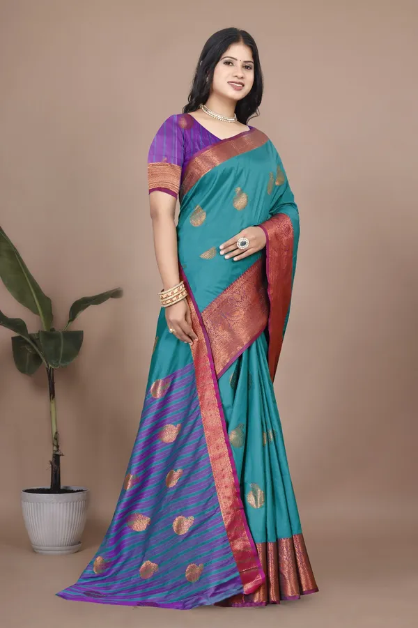 Sky_Rama_Kanjivaram_Jacquard_Cotton_Silk_Saree_With_Wide_Banarasi_Zari_Border_For_Women