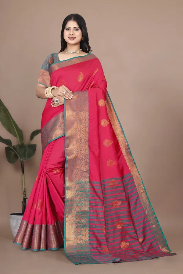Red_Kanjivaram_Jacquard_Cotton_Silk_Saree_With_Wide_Banarasi_Zari_Border_Elegant_Wedding_&_Party_Wear_For_Women