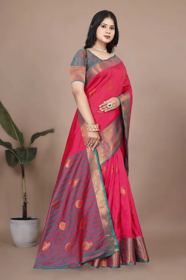 Red_Kanjivaram_Jacquard_Cotton_Silk_Saree_With_Wide_Banarasi_Zari_Border_Elegant_Wedding_&_Party_Wear_For_Women