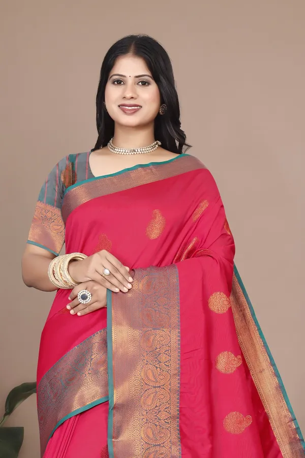 Red_Kanjivaram_Jacquard_Cotton_Silk_Saree_With_Wide_Banarasi_Zari_Border_Elegant_Wedding_&_Party_Wear_For_Women