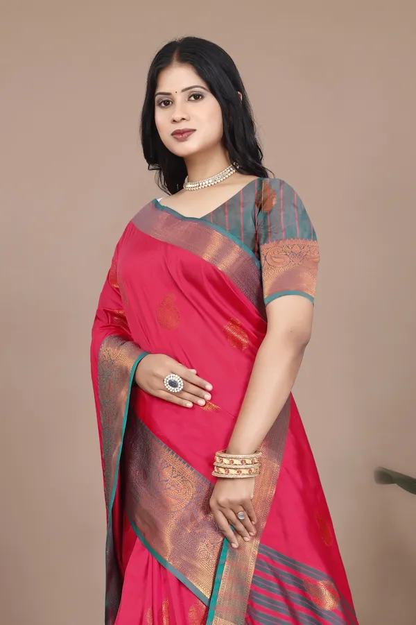 Red_Kanjivaram_Jacquard_Cotton_Silk_Saree_With_Wide_Banarasi_Zari_Border_Elegant_Wedding_&_Party_Wear_For_Women