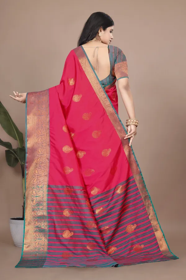 Red_Kanjivaram_Jacquard_Cotton_Silk_Saree_With_Wide_Banarasi_Zari_Border_Elegant_Wedding_&_Party_Wear_For_Women