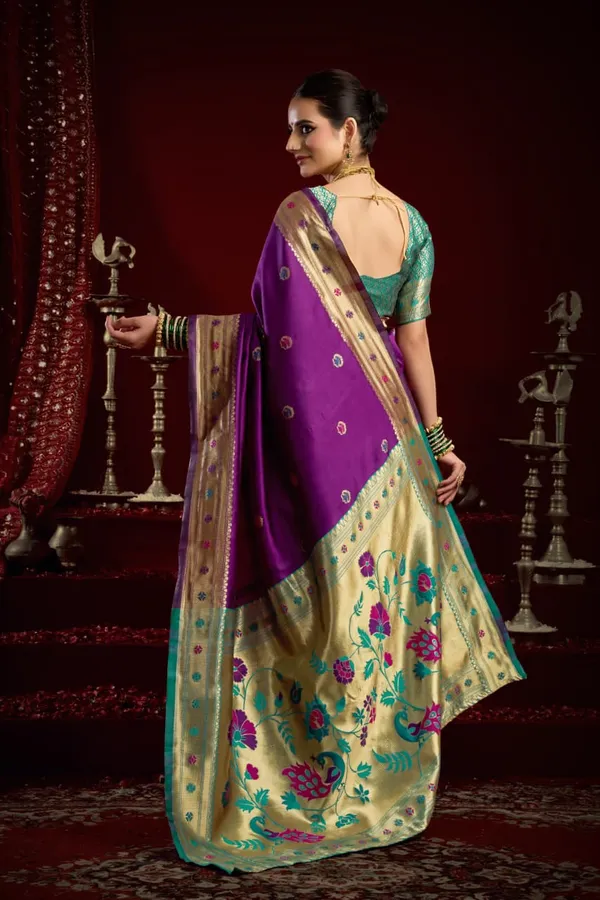 Royal_Purple_Paithani_Silk_Saree_With_Contrast_Blouse_For_Women