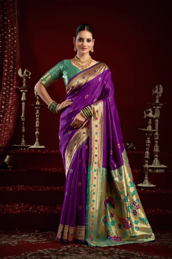 Royal_Purple_Paithani_Silk_Saree_With_Contrast_Blouse_For_Women