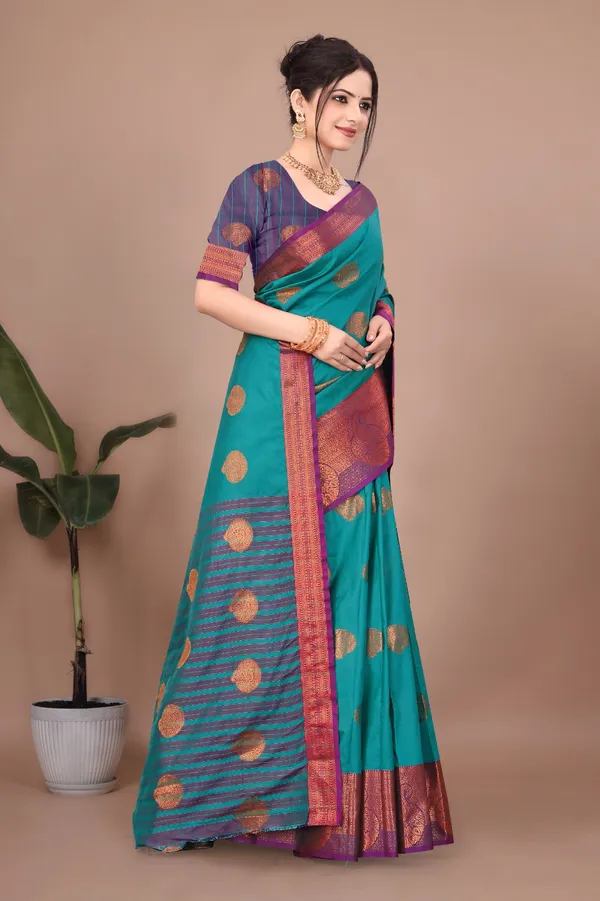 Sky_Rama_Kanjivaram_Jacquard_Cotton_Silk_Saree_With_Wide_Banarasi_Zari_Border_For_Women