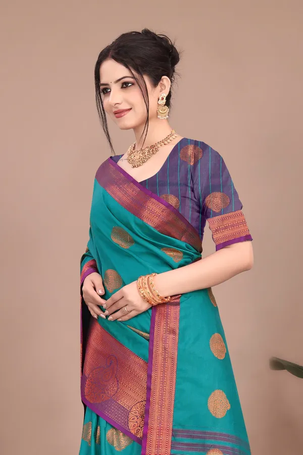 Sky_Rama_Kanjivaram_Jacquard_Cotton_Silk_Saree_With_Wide_Banarasi_Zari_Border_For_Women