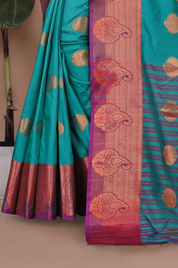 Sky_Rama_Kanjivaram_Jacquard_Cotton_Silk_Saree_With_Wide_Banarasi_Zari_Border_For_Women