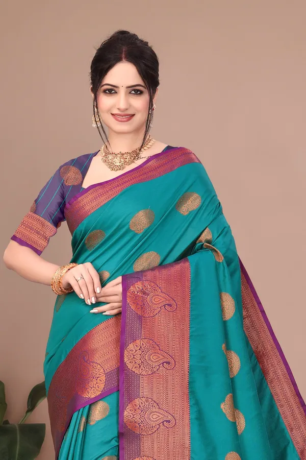 Sky_Rama_Kanjivaram_Jacquard_Cotton_Silk_Saree_With_Wide_Banarasi_Zari_Border_For_Women