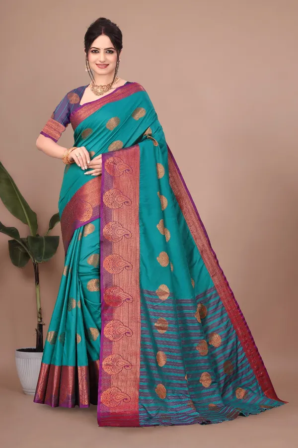 Sky_Rama_Kanjivaram_Jacquard_Cotton_Silk_Saree_With_Wide_Banarasi_Zari_Border_For_Women