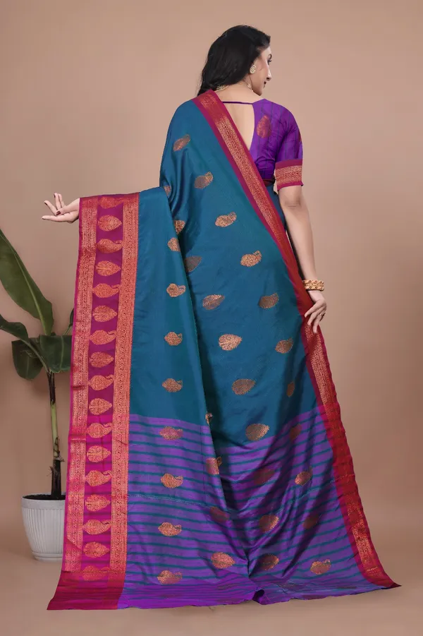 Sky_Rama_Stunning_Dual-Tone_Cotton_Silk_Kanjivaram-Style_Saree_With_Zari_Leaf_Motifs_&_Wide_Temple_Border_For_Women