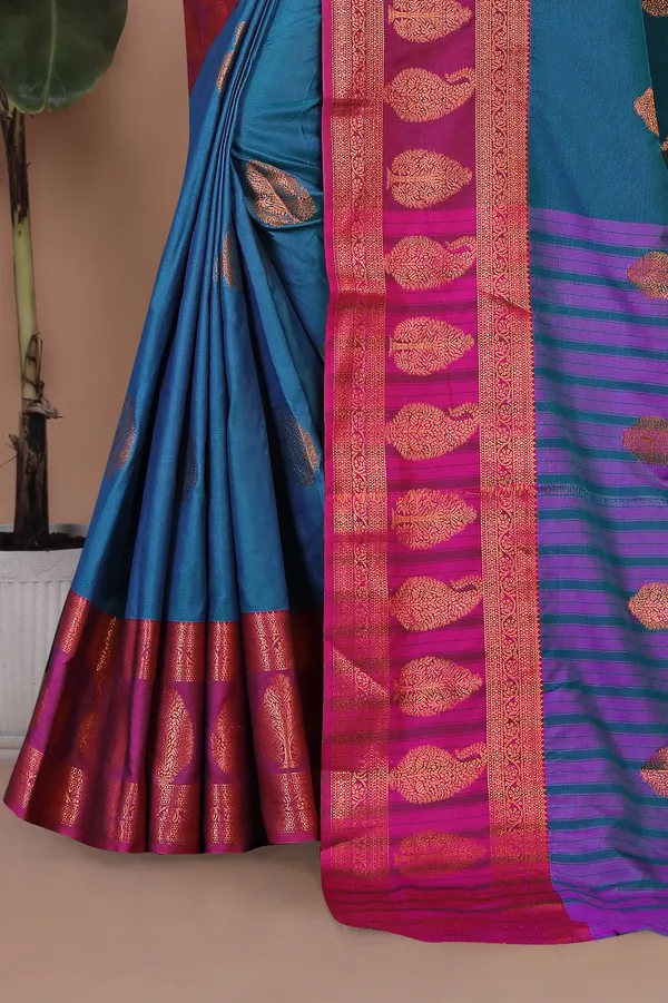 Sky_Rama_Stunning_Dual-Tone_Cotton_Silk_Kanjivaram-Style_Saree_With_Zari_Leaf_Motifs_&_Wide_Temple_Border_For_Women