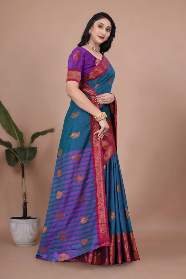Sky_Rama_Stunning_Dual-Tone_Cotton_Silk_Kanjivaram-Style_Saree_With_Zari_Leaf_Motifs_&_Wide_Temple_Border_For_Women