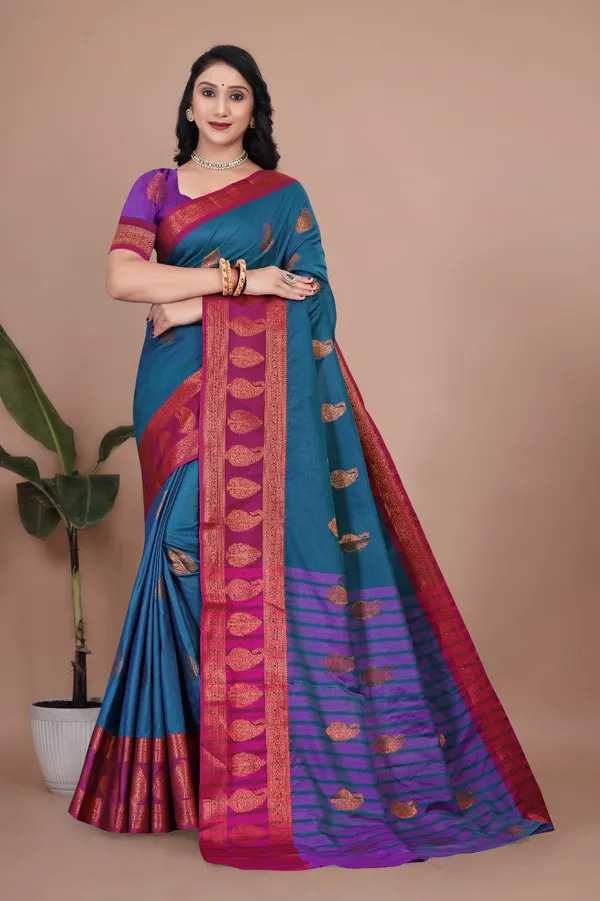 Sky_Rama_Stunning_Dual-Tone_Cotton_Silk_Kanjivaram-Style_Saree_With_Zari_Leaf_Motifs_&_Wide_Temple_Border_For_Women