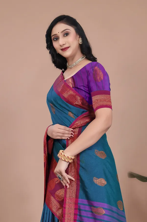 Sky_Rama_Stunning_Dual-Tone_Cotton_Silk_Kanjivaram-Style_Saree_With_Zari_Leaf_Motifs_&_Wide_Temple_Border_For_Women