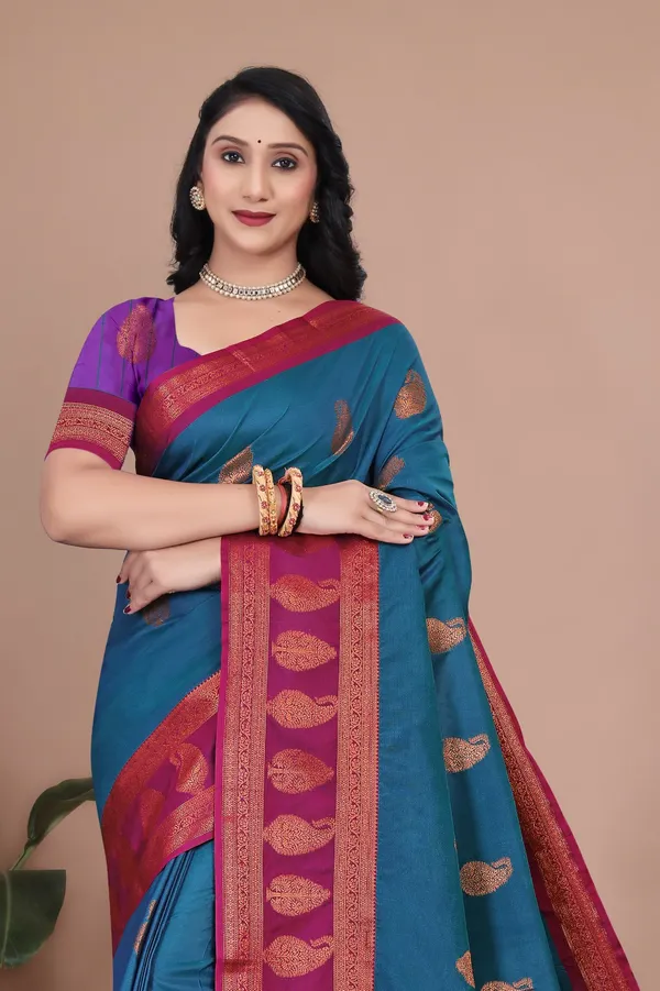Sky_Rama_Stunning_Dual-Tone_Cotton_Silk_Kanjivaram-Style_Saree_With_Zari_Leaf_Motifs_&_Wide_Temple_Border_For_Women