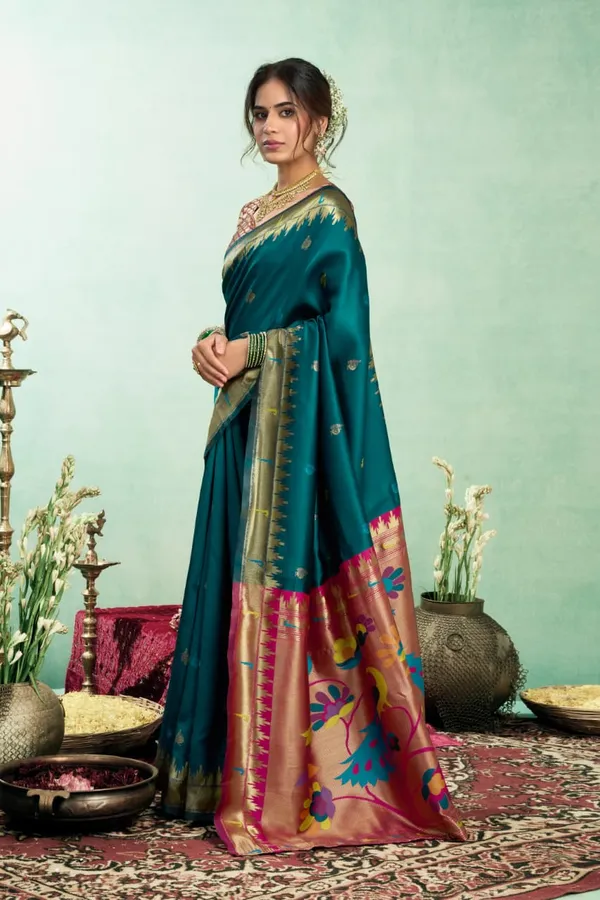 Teal_Blue_Pure_Silk_Paithani_Saree_With_Zari_Border_&_Peacock_Pallu_For_Women