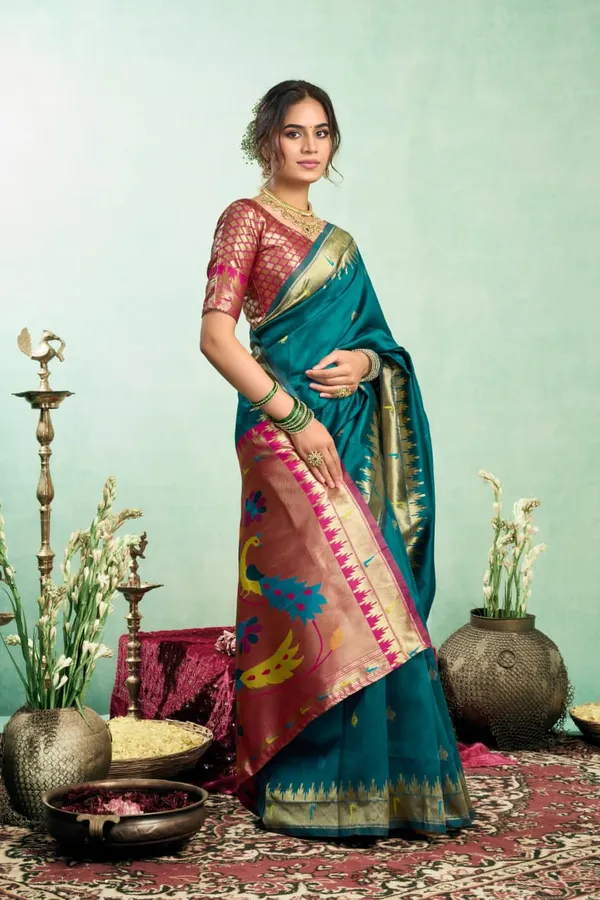 Teal_Blue_Pure_Silk_Paithani_Saree_With_Zari_Border_&_Peacock_Pallu_For_Women