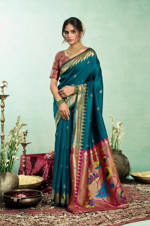 Teal_Blue_Pure_Silk_Paithani_Saree_With_Zari_Border_&_Peacock_Pallu_For_Women