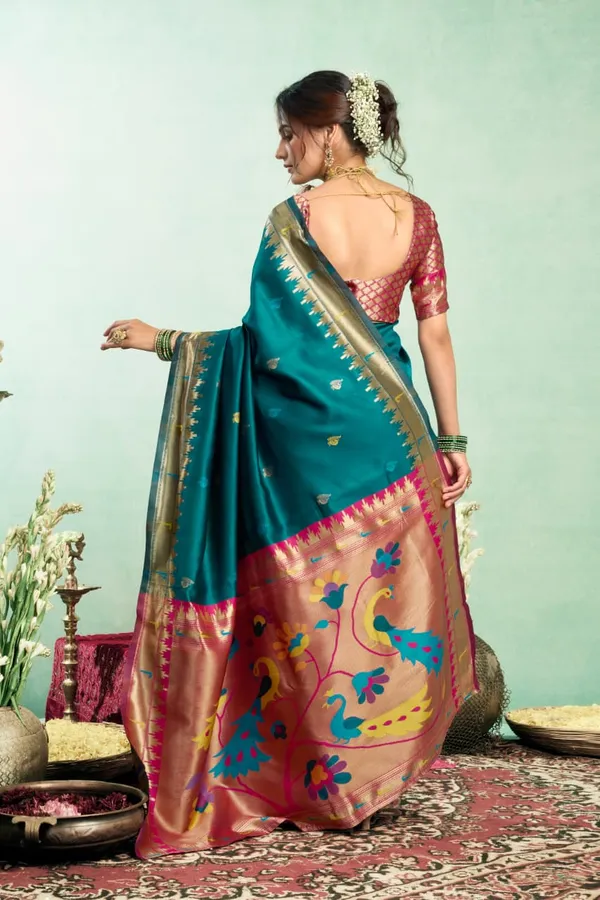 Teal_Blue_Pure_Silk_Paithani_Saree_With_Zari_Border_&_Peacock_Pallu_For_Women
