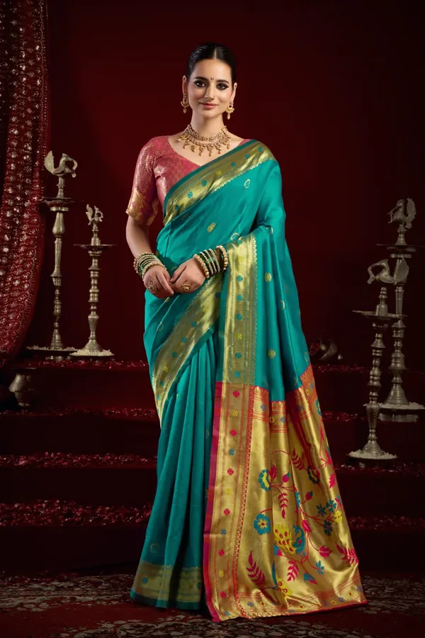 Teal_Blue_Paithani_Silk_Saree_With_Contrast_Blouse_For_Women