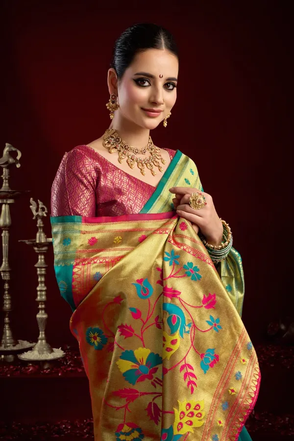 Teal_Blue_Paithani_Silk_Saree_With_Contrast_Blouse_For_Women