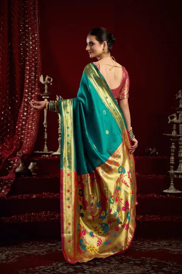 Teal_Blue_Paithani_Silk_Saree_With_Contrast_Blouse_For_Women