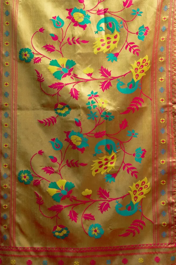 Teal_Blue_Paithani_Silk_Saree_With_Contrast_Blouse_For_Women