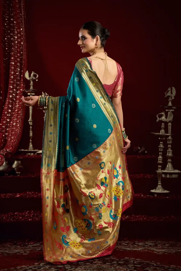 Green_Paithani_Silk_Saree_With_Zari_Pallu_&_Contrast_Blouse_For_Women
