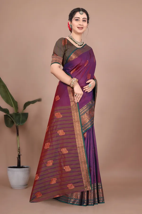 Wine_Kanjivaram_Jacquard_Cotton_Silk_Saree_With_Wide_Banarasi_Zari_Border_For_Women
