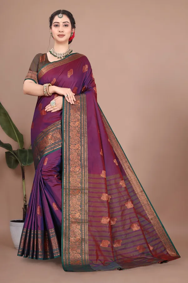 Wine_Kanjivaram_Jacquard_Cotton_Silk_Saree_With_Wide_Banarasi_Zari_Border_For_Women
