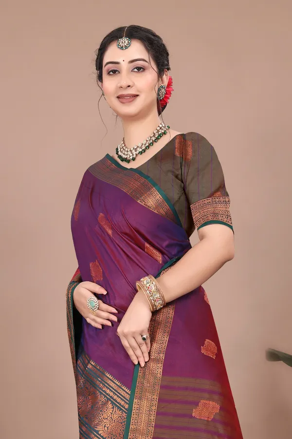 Wine_Kanjivaram_Jacquard_Cotton_Silk_Saree_With_Wide_Banarasi_Zari_Border_For_Women