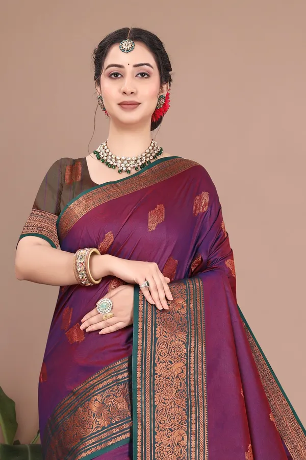 Wine_Kanjivaram_Jacquard_Cotton_Silk_Saree_With_Wide_Banarasi_Zari_Border_For_Women