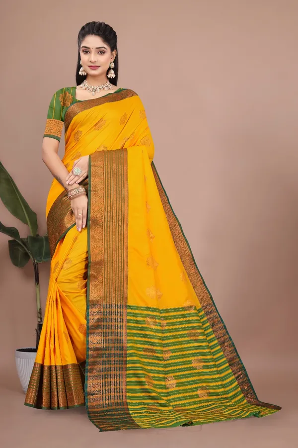 Yellow_Exquisite_Kanjivaram_Jacquard_Cotton_Silk_Saree_With_Wide_Banarasi_Zari_Border_For_Women