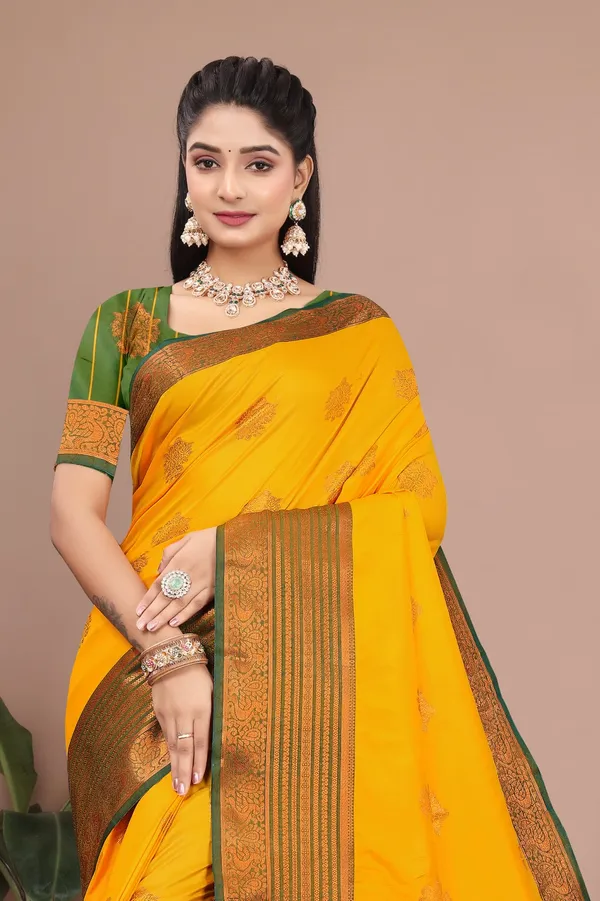 Yellow_Exquisite_Kanjivaram_Jacquard_Cotton_Silk_Saree_With_Wide_Banarasi_Zari_Border_For_Women