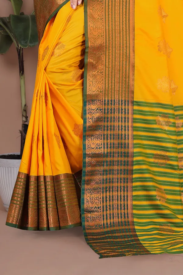 Yellow_Exquisite_Kanjivaram_Jacquard_Cotton_Silk_Saree_With_Wide_Banarasi_Zari_Border_For_Women