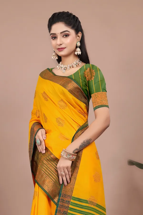 Yellow_Exquisite_Kanjivaram_Jacquard_Cotton_Silk_Saree_With_Wide_Banarasi_Zari_Border_For_Women
