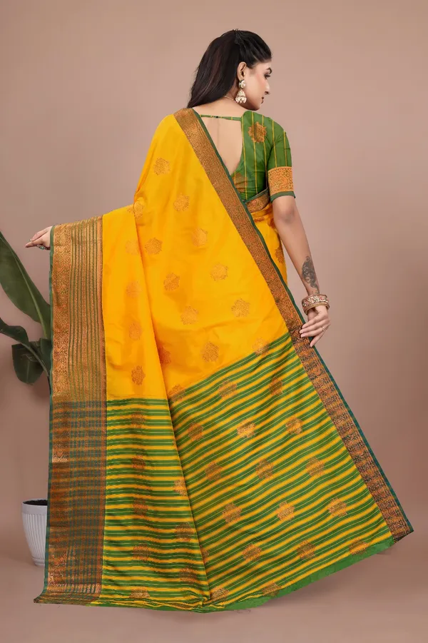 Yellow_Exquisite_Kanjivaram_Jacquard_Cotton_Silk_Saree_With_Wide_Banarasi_Zari_Border_For_Women