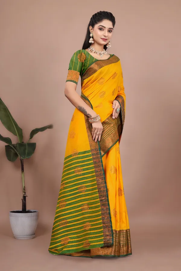 Yellow_Exquisite_Kanjivaram_Jacquard_Cotton_Silk_Saree_With_Wide_Banarasi_Zari_Border_For_Women