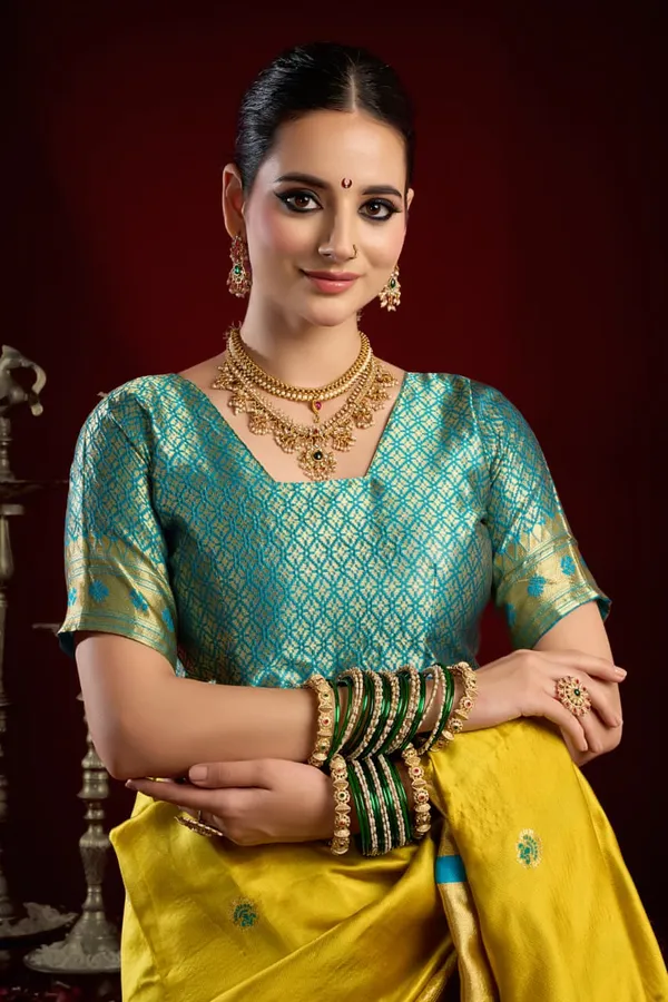 Yellow_Paithani_Silk_Saree_With_Zari_Pallu_&_Contrast_Teal_Blue_Blouse_For_Women