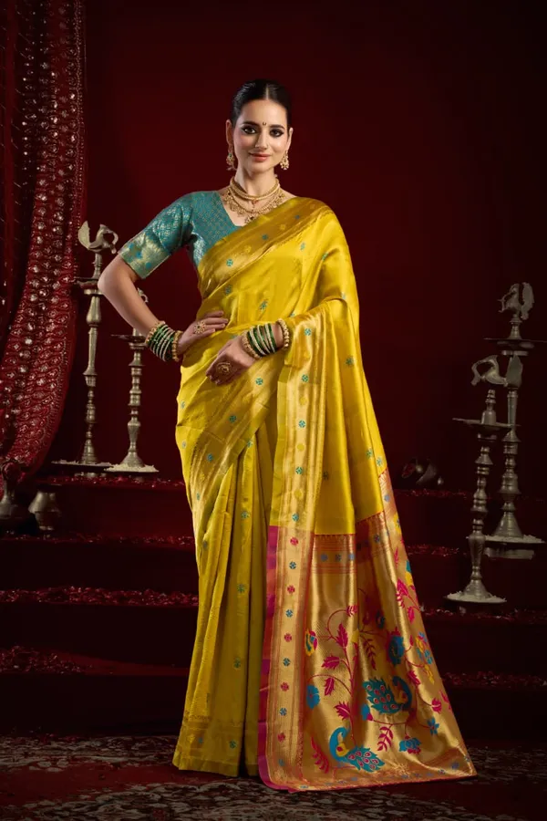 Yellow_Paithani_Silk_Saree_With_Zari_Pallu_&_Contrast_Teal_Blue_Blouse_For_Women