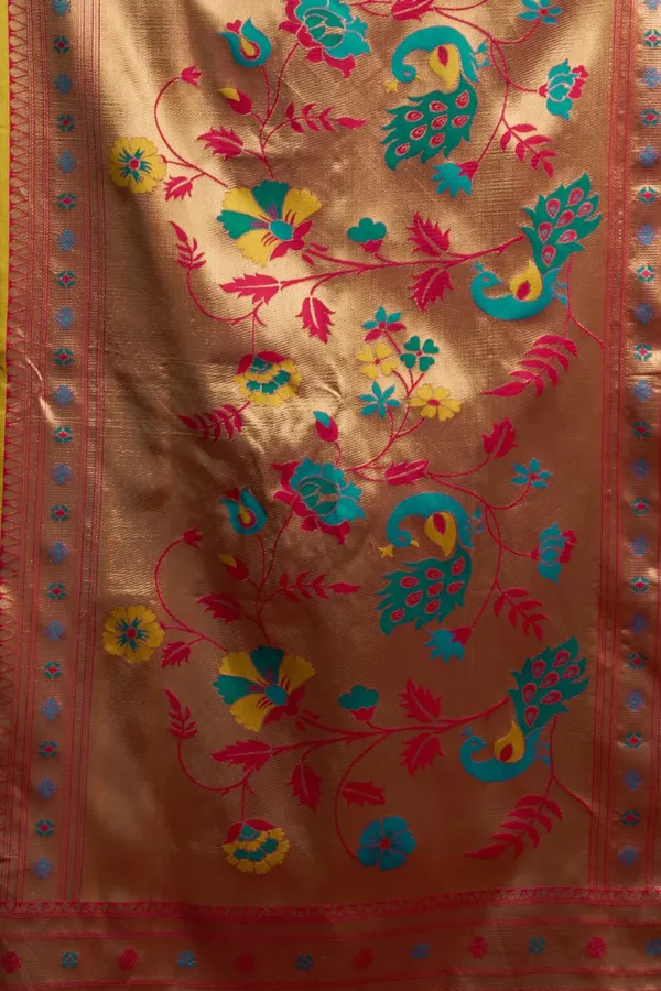 Yellow_Paithani_Silk_Saree_With_Zari_Pallu_&_Contrast_Teal_Blue_Blouse_For_Women