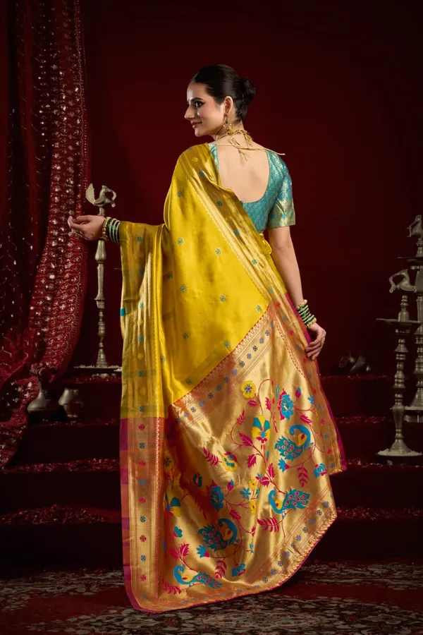 Yellow_Paithani_Silk_Saree_With_Zari_Pallu_&_Contrast_Teal_Blue_Blouse_For_Women