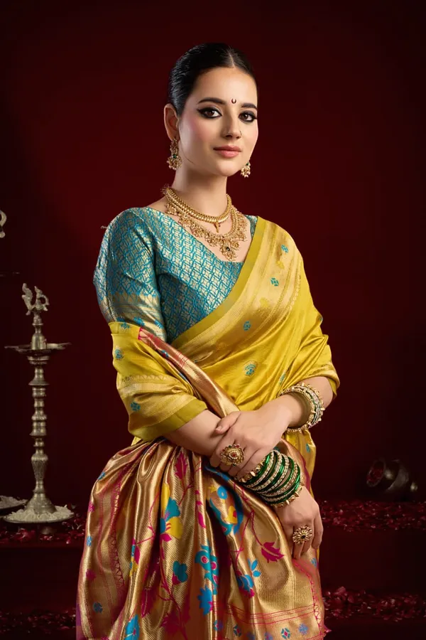 Yellow_Paithani_Silk_Saree_With_Zari_Pallu_&_Contrast_Teal_Blue_Blouse_For_Women